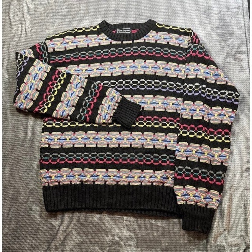 Peter England Vintage Knit Sweater Mens Large Multi Color Geometric Crew‎ 90s